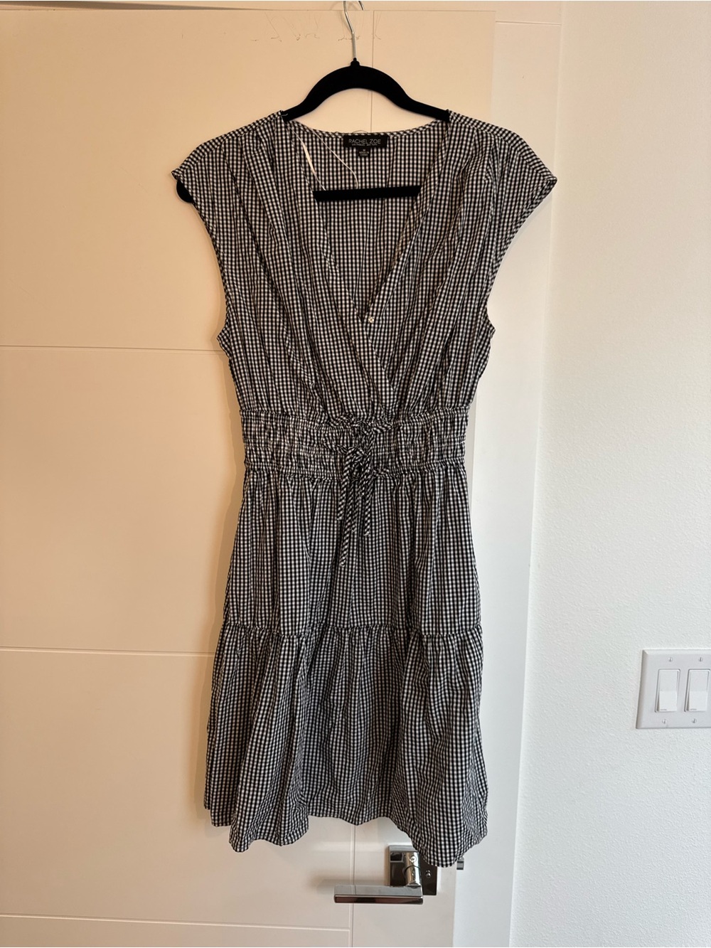 Rachel Zoe Black & White Gingham Tiered Drawstring Dress